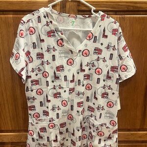 White Scrub Top with Red and Black London Print